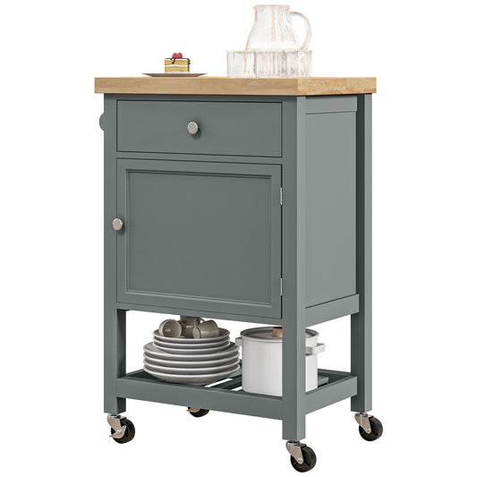 Rolling Kitchen Island Cart with Wood Top and Towel Rack and Drawer, Grey