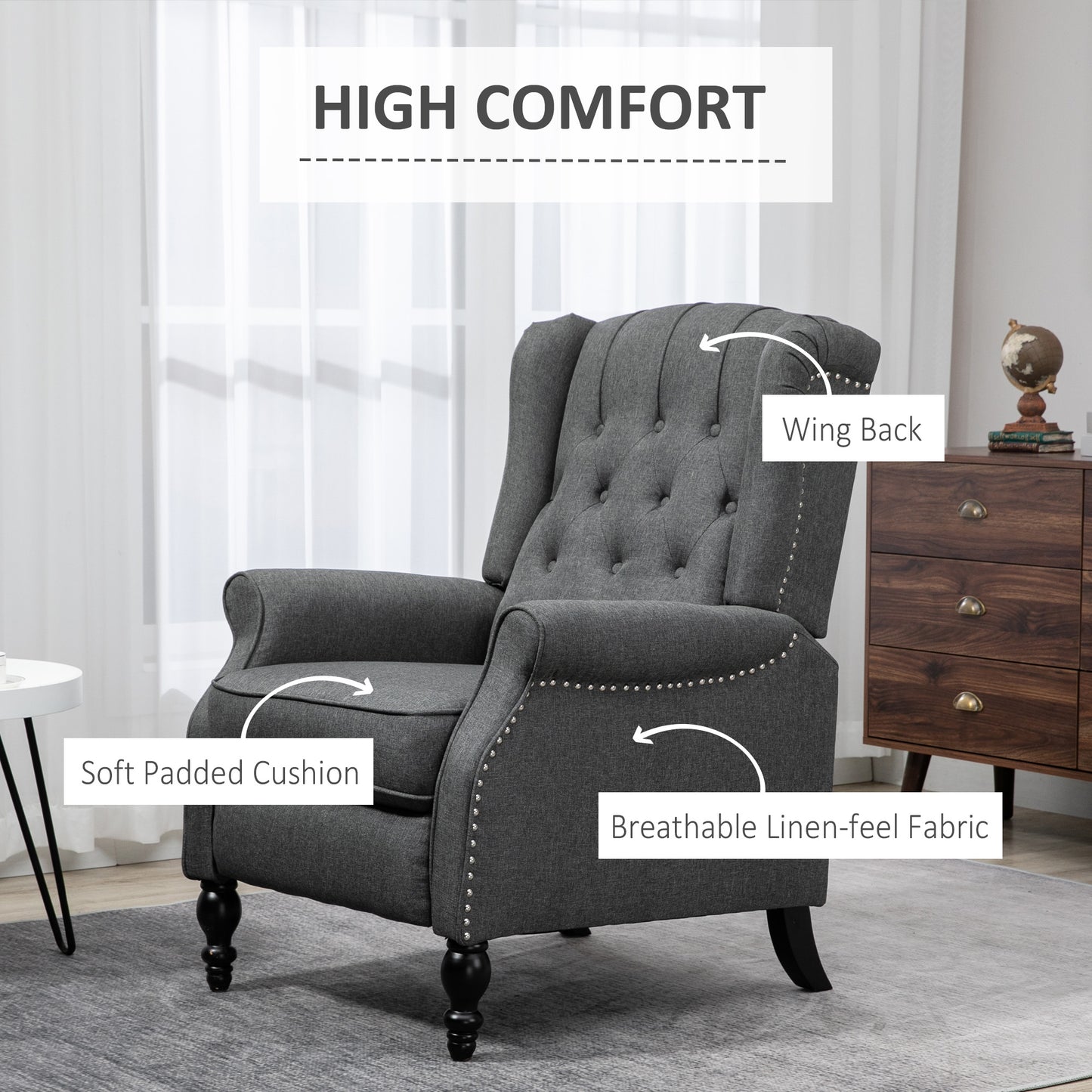 Manual Reclining Chair with Button Tufted Backrest, Dark Grey