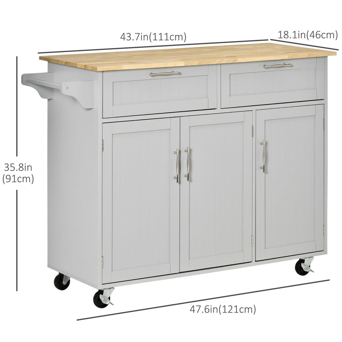 Rolling Kitchen Island Cart with Towel Rack and 3 Cabinets and 2 Drawers, Grey