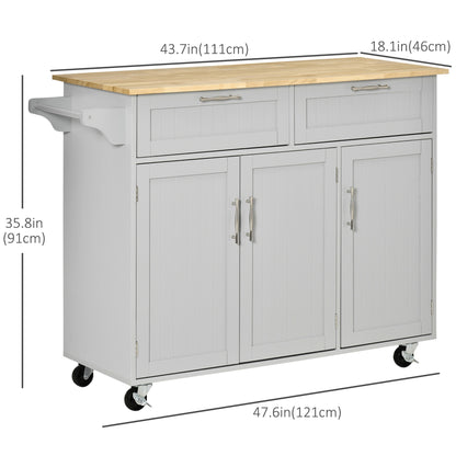 Rolling Kitchen Island Cart with Towel Rack and 3 Cabinets and 2 Drawers, Grey