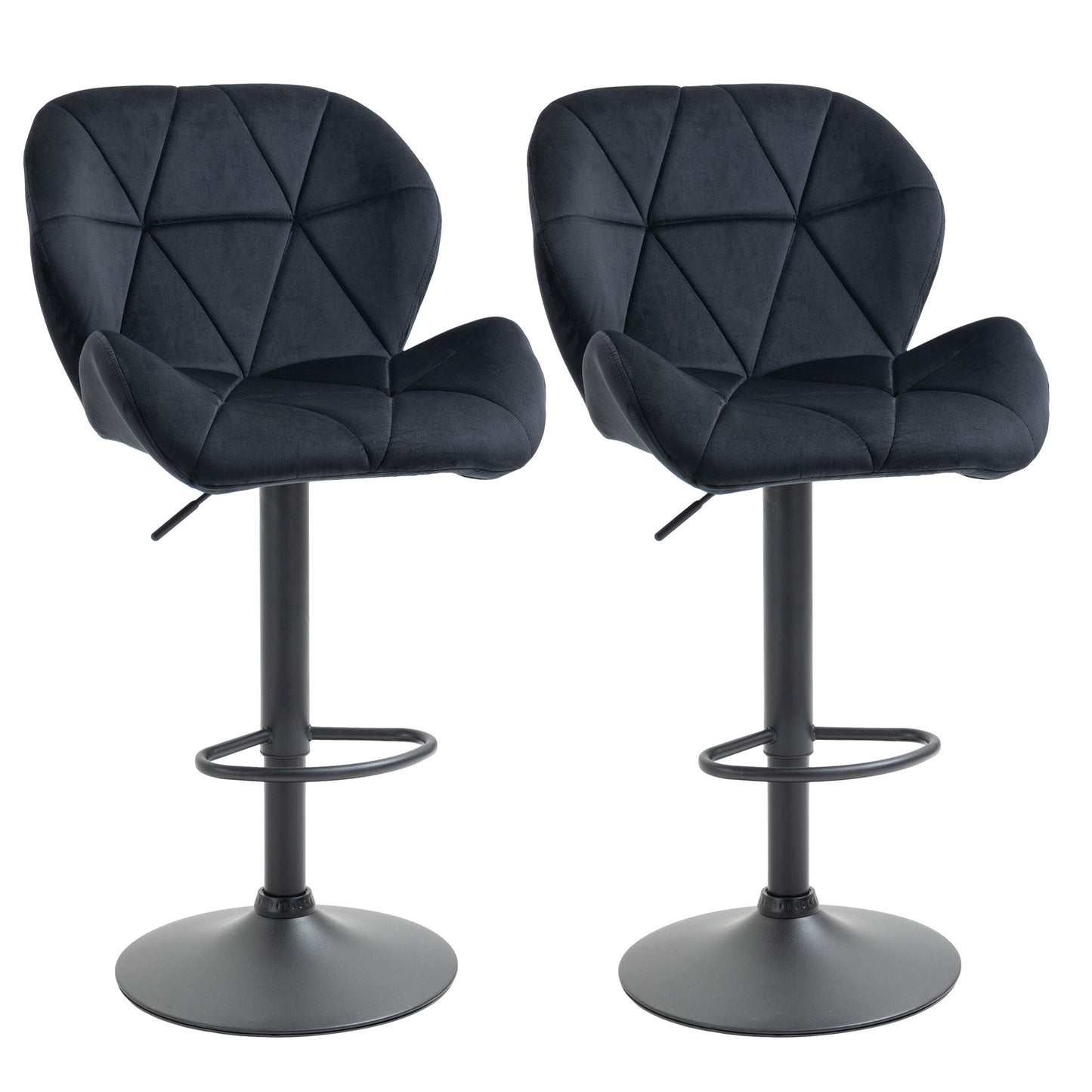 Velvet-Touch Adjustable Height Bar Stools with Diamond Tufting, Black (Set of 2)