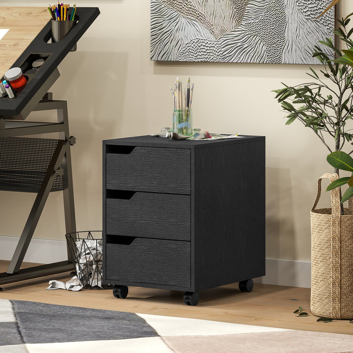 3 Drawer File Cabinet, Vertical Filing Cabinet with Wheels, Mobile Printer Stand with Storage for Home Office, Black