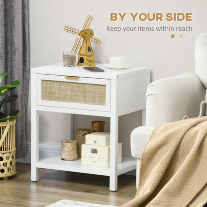Boho Nightstand with Rattan Drawer and Open Shelf, White