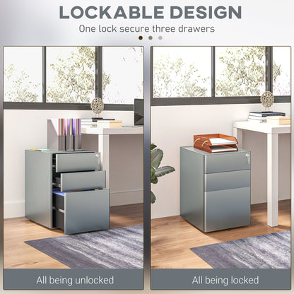 3-Drawer Steel Filing Cabinet with Wheels and Security Lock - Grey