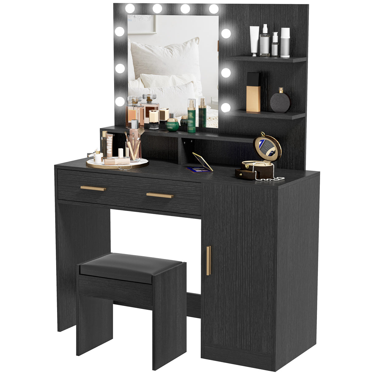 LED Vanity Table Set with Stool and Storage, Black