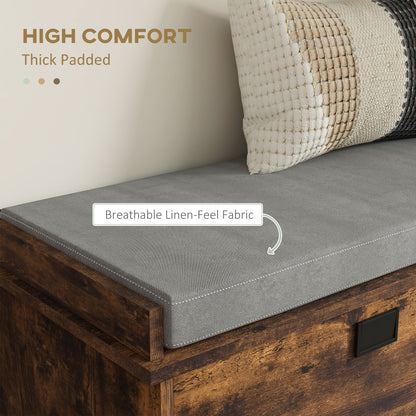 Upholstered Shoe Storage Bench with Flip Drawer and Side Rack for 6 Pairs, Rustic Brown