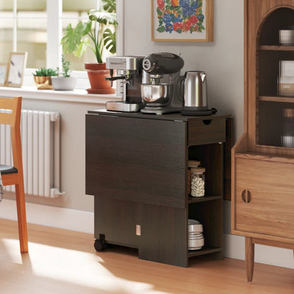Folding Dining Table with Drawer and Storage Shelves - Dark Brown