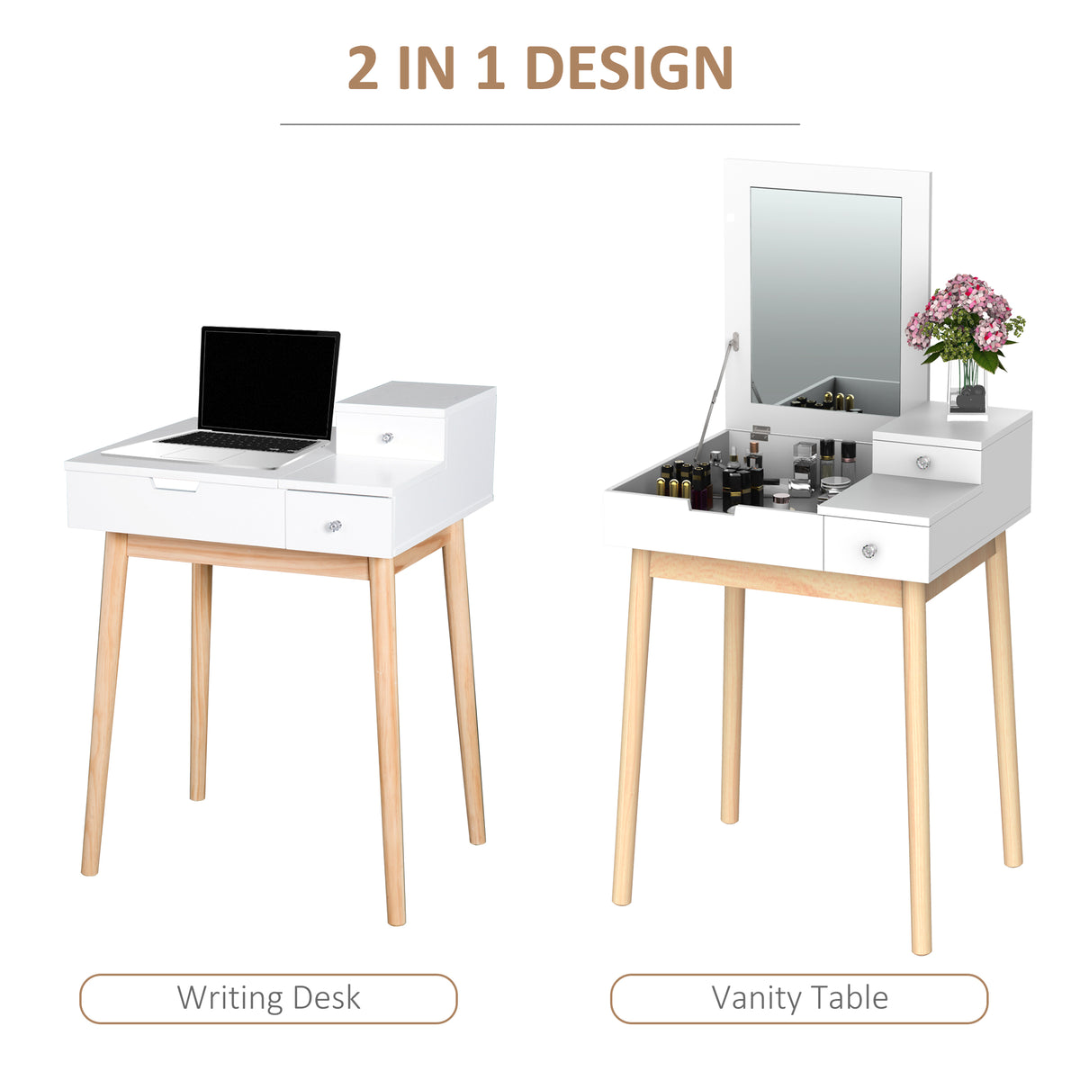 Makeup Vanity Table with Flip-Up Mirror and 2 Drawers, White