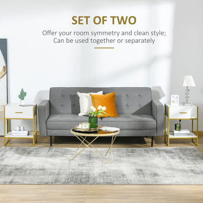 Modern Nightstands with Gold Steel Frame, White (Set of 2)