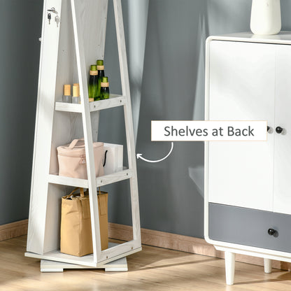 360° Swivel Jewelry Armoire with Lockable Mirror Cabinet, White