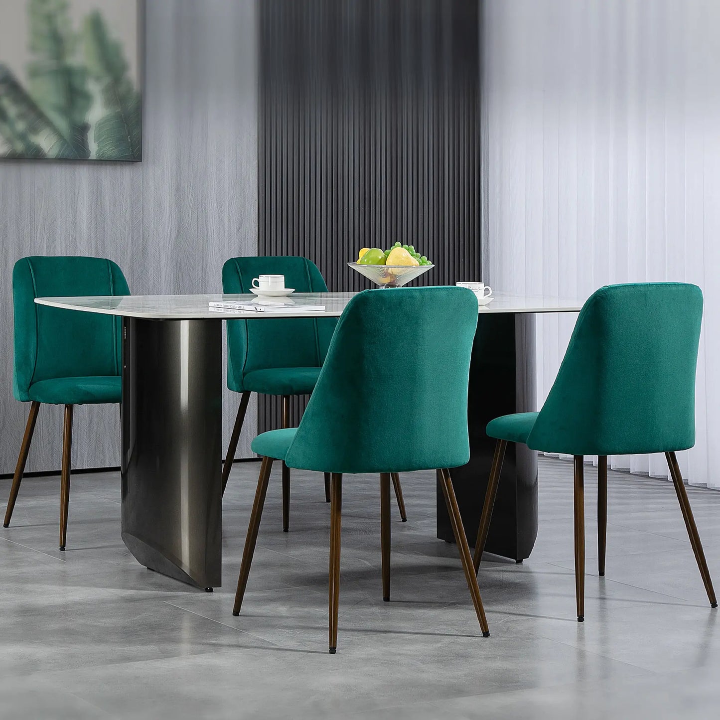 Velvet Accent Dining Chairs with Wood Grain Steel Legs, Green (Set of 4)