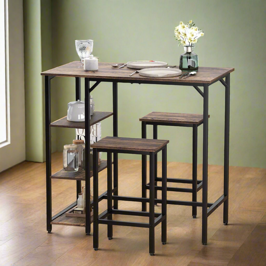 Industrial Bar Table Set with 2 Stools and Storage Shelf