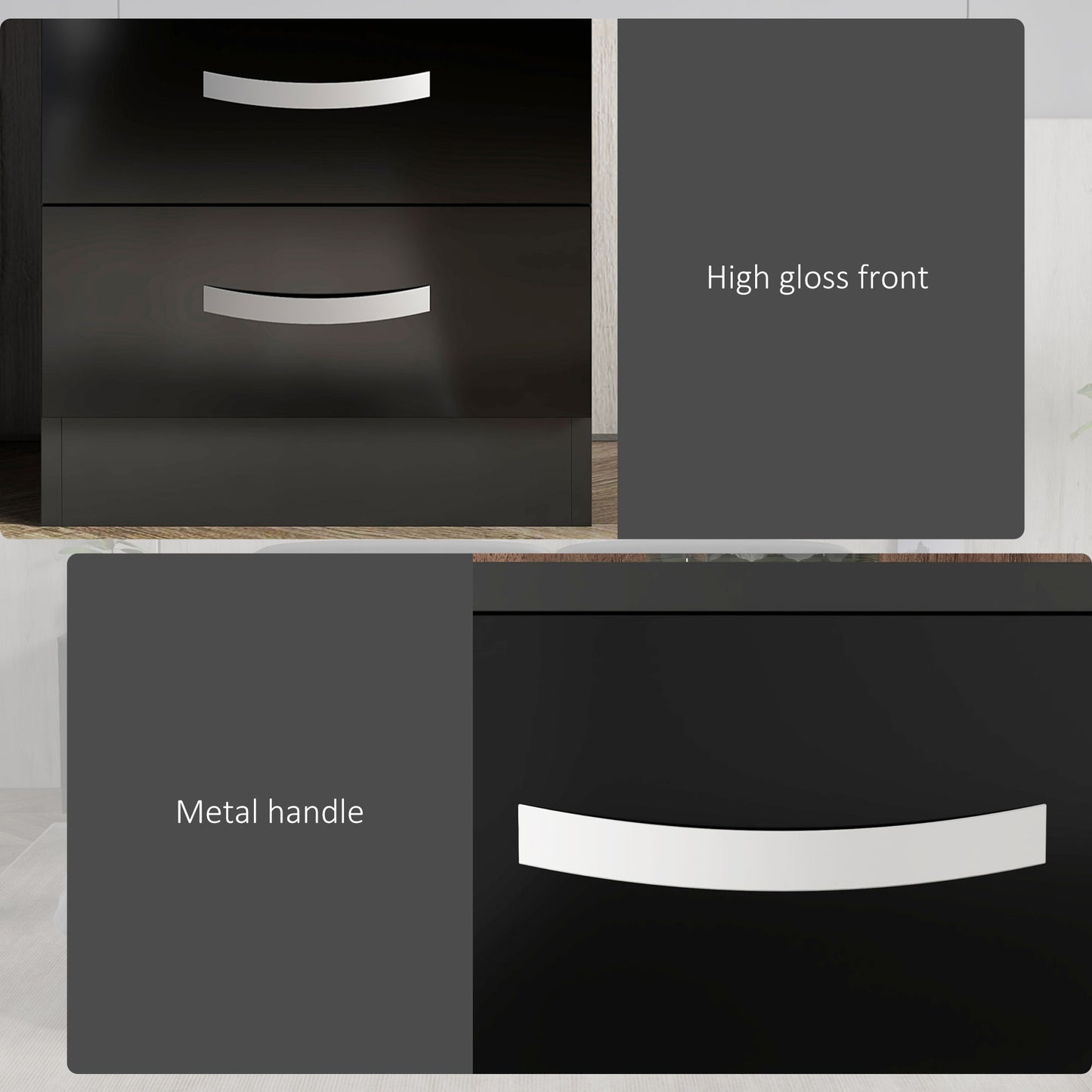 High Gloss 3-Drawer Nightstands, Black (Set of 2)