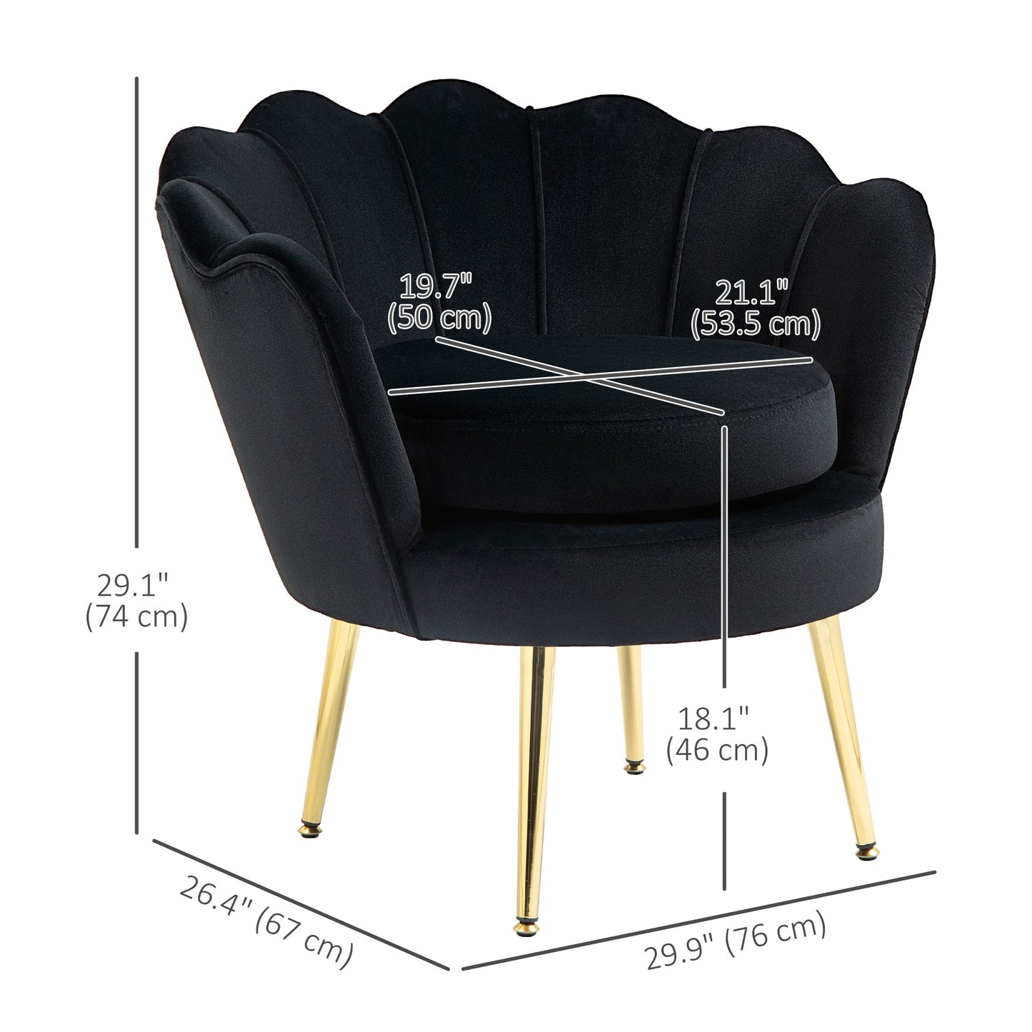 Modern Velvet Accent Chair with Lotus Backrest and Gold Legs, Black