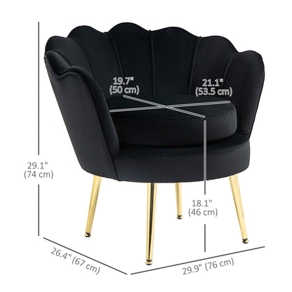 Modern Velvet Accent Chair with Lotus Backrest and Gold Legs, Black