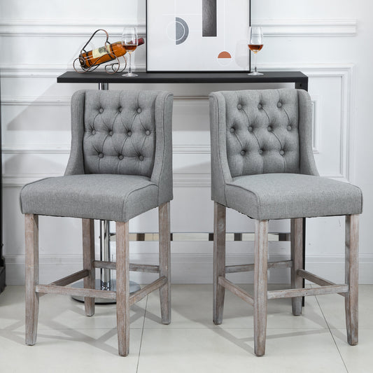 Upholstered Bar Stools with Tufted Nailhead Trim and Wood Legs, Gray (Set of 2)