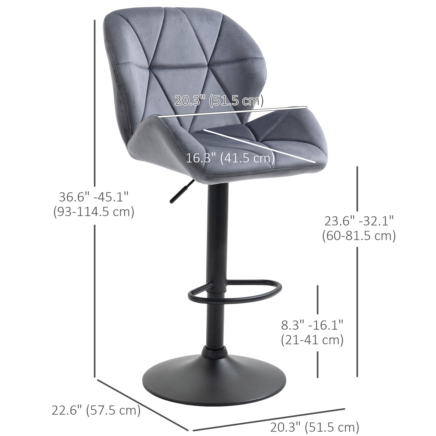Velvet-Touch Adjustable Height Bar Stools with Diamond Tufting, Gray (Set of 2)