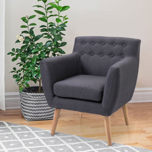 Linen Upholstery Armchair, Mid-Century Modern Accent Chair with Wood Frame, Dark Gray
