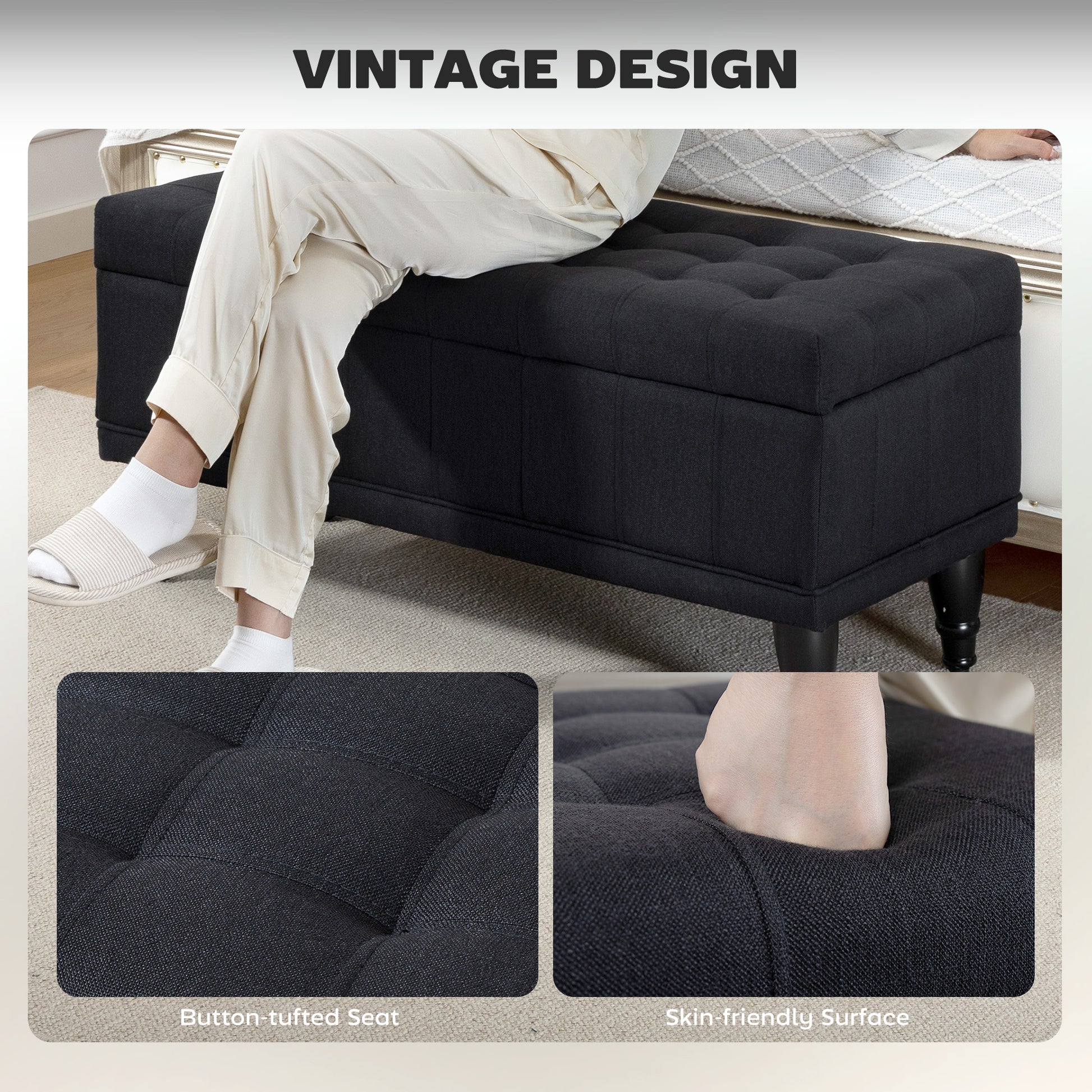 Upholstered End-of-Bed Bench with Wood Legs, Black