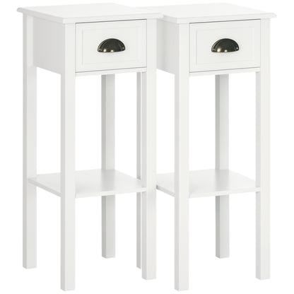 Narrow Tall Side Tables with Drawer and Shelf, White (Set of 2)