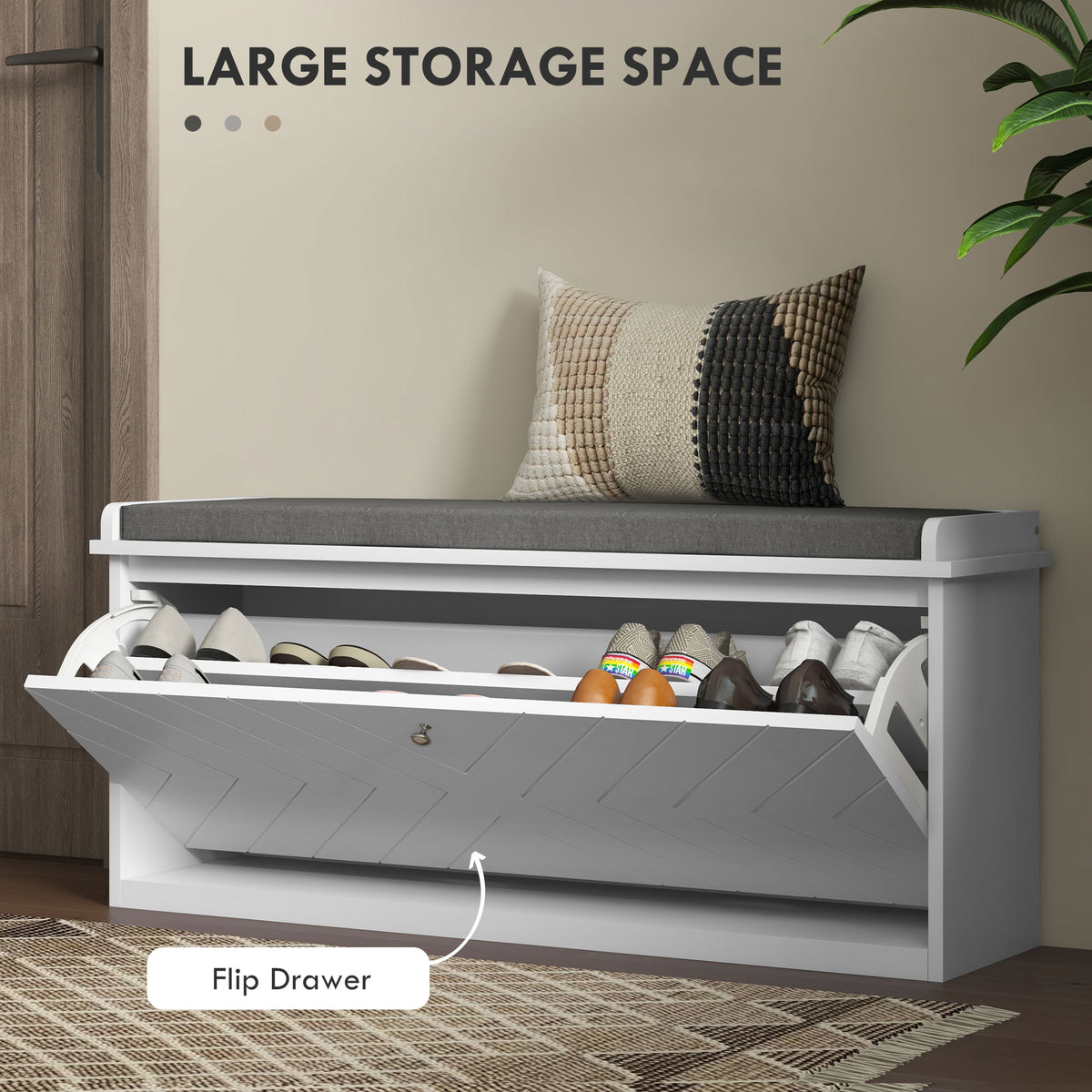Shoe Storage Bench with Flip Drawer for 8-10 Pairs, White