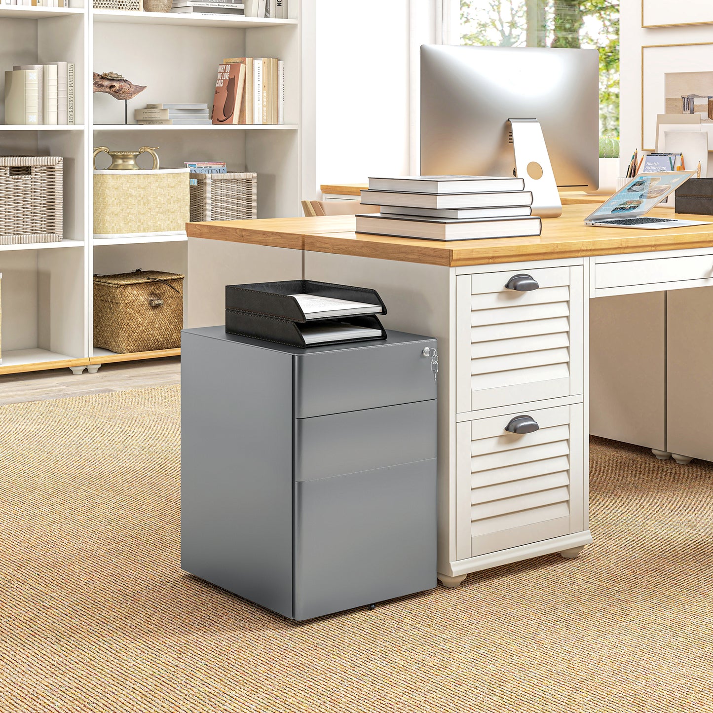 3-Drawer Steel Filing Cabinet with Wheels and Security Lock - Grey