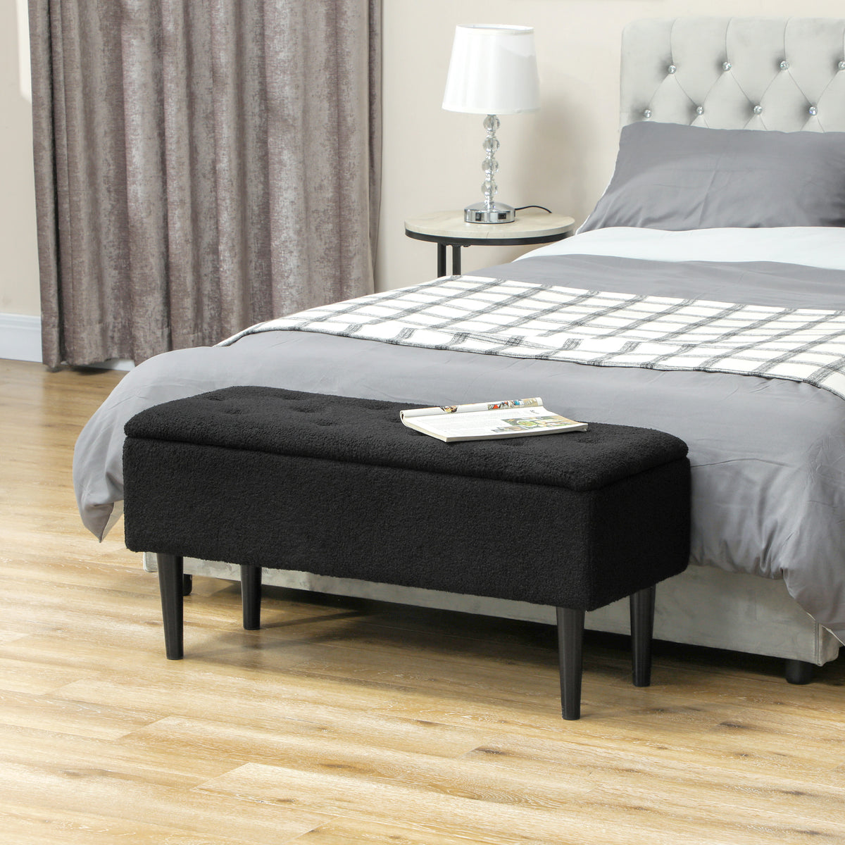 Modern Storage Ottoman Bench with Lambswool-Style Upholstery, Black
