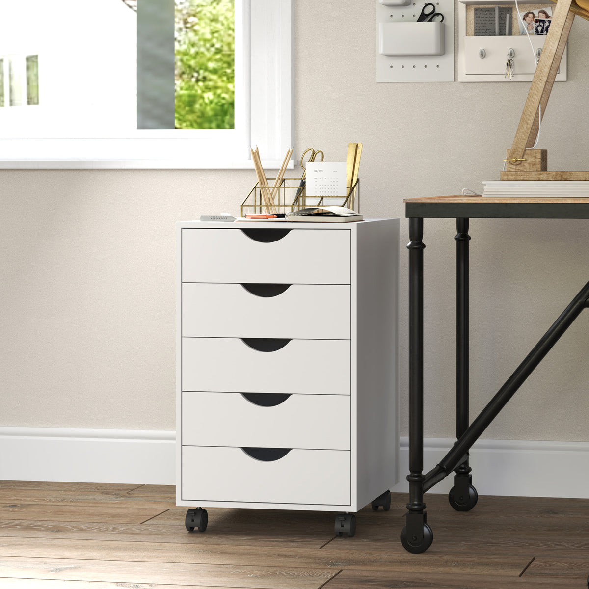 File Cabinet with 5 Drawer Wheels, 15.7" x 15.7" x 26.4", White