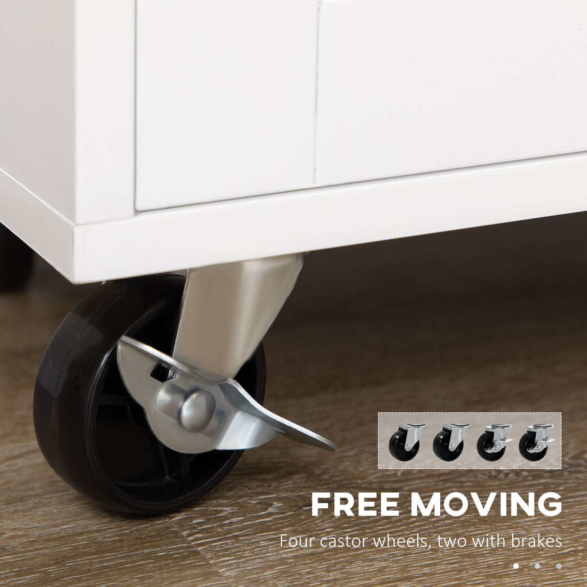 Rolling Kitchen Trolley with Rubber Wood Top and Spice Rack and Drawer, White