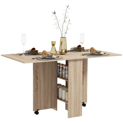 Extendable Dining Table with Storage Shelves and Rolling Wheels - Natural Wood