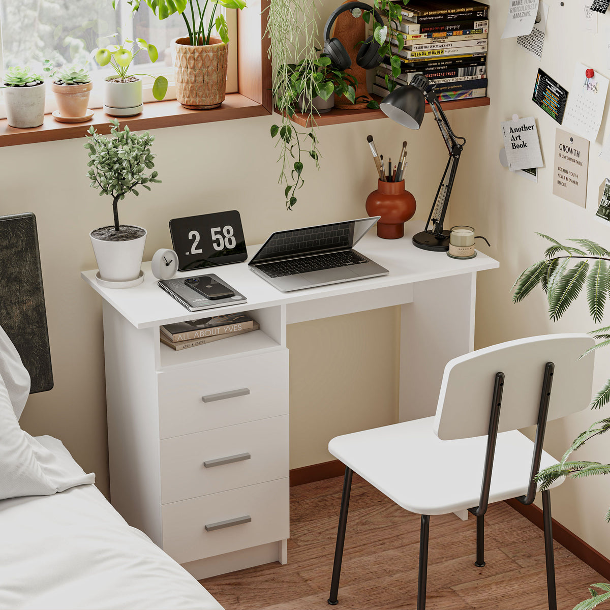 39" Computer Desk with 3 Drawers and Open Shelf, White