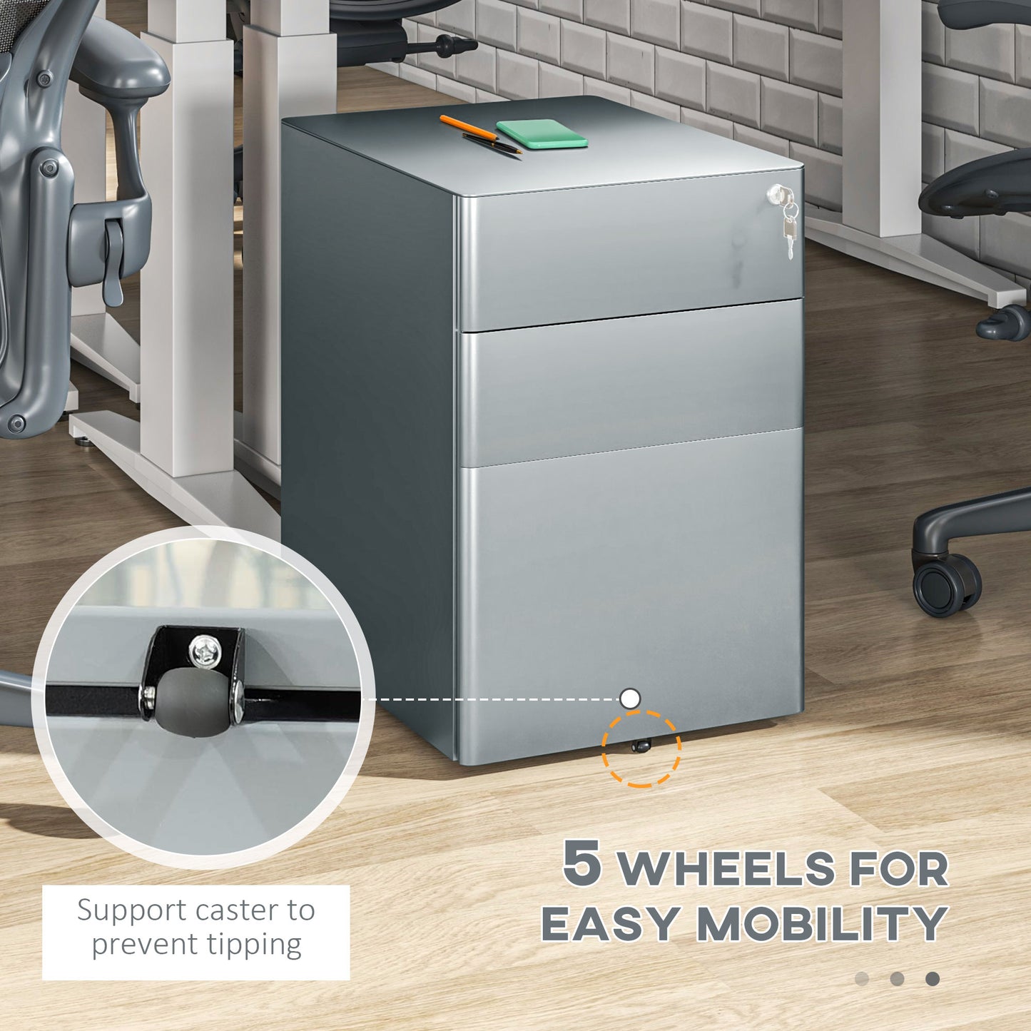 3-Drawer Steel Filing Cabinet with Wheels and Security Lock - Grey