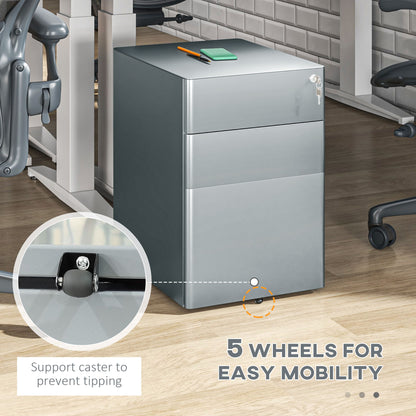 3-Drawer Steel Filing Cabinet with Wheels and Security Lock - Grey