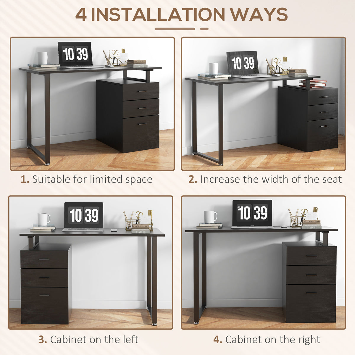 47" Computer Desk with Reversible 3-Drawer Cabinet, Black