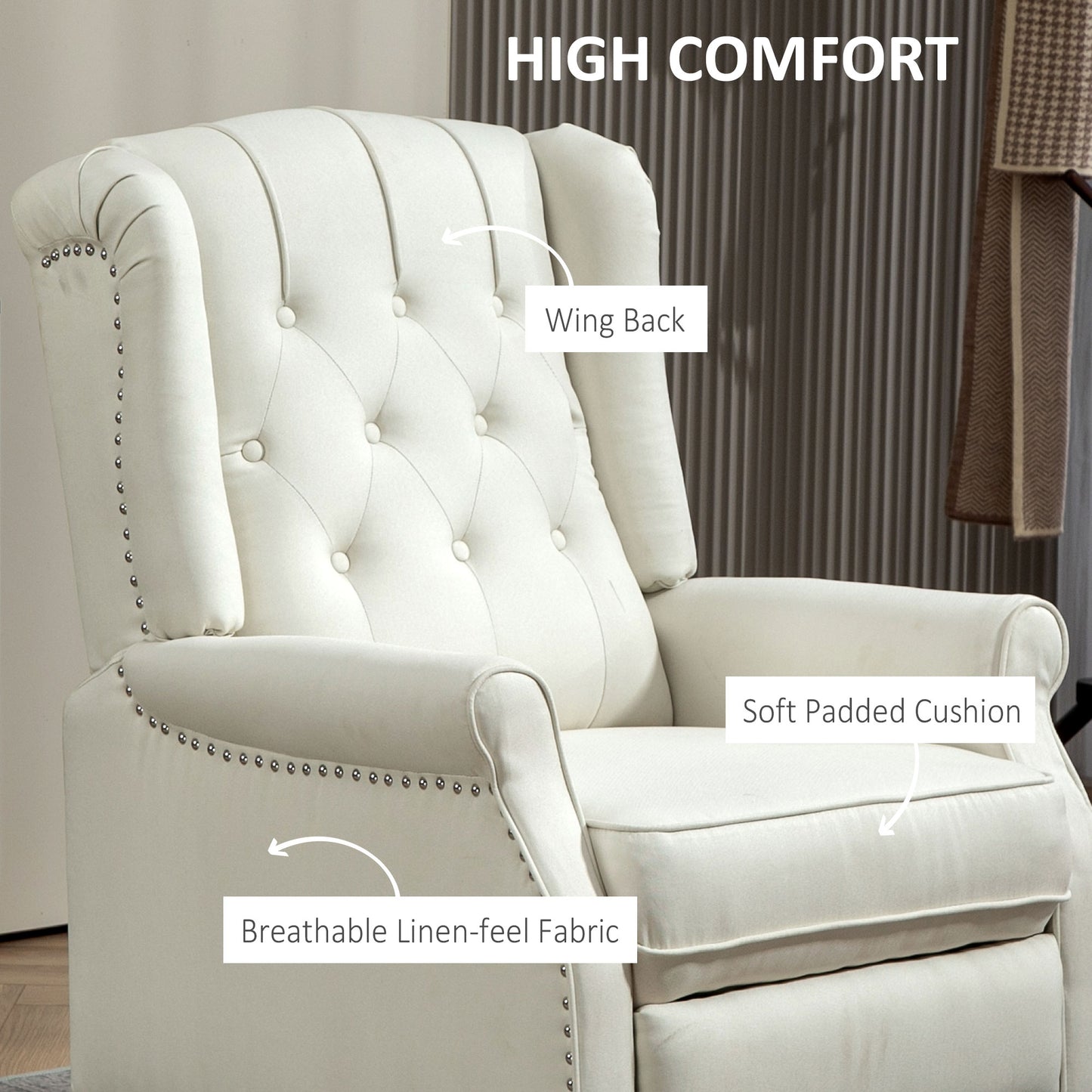 Wingback Reclining Chair with Button Tufting, Cream White