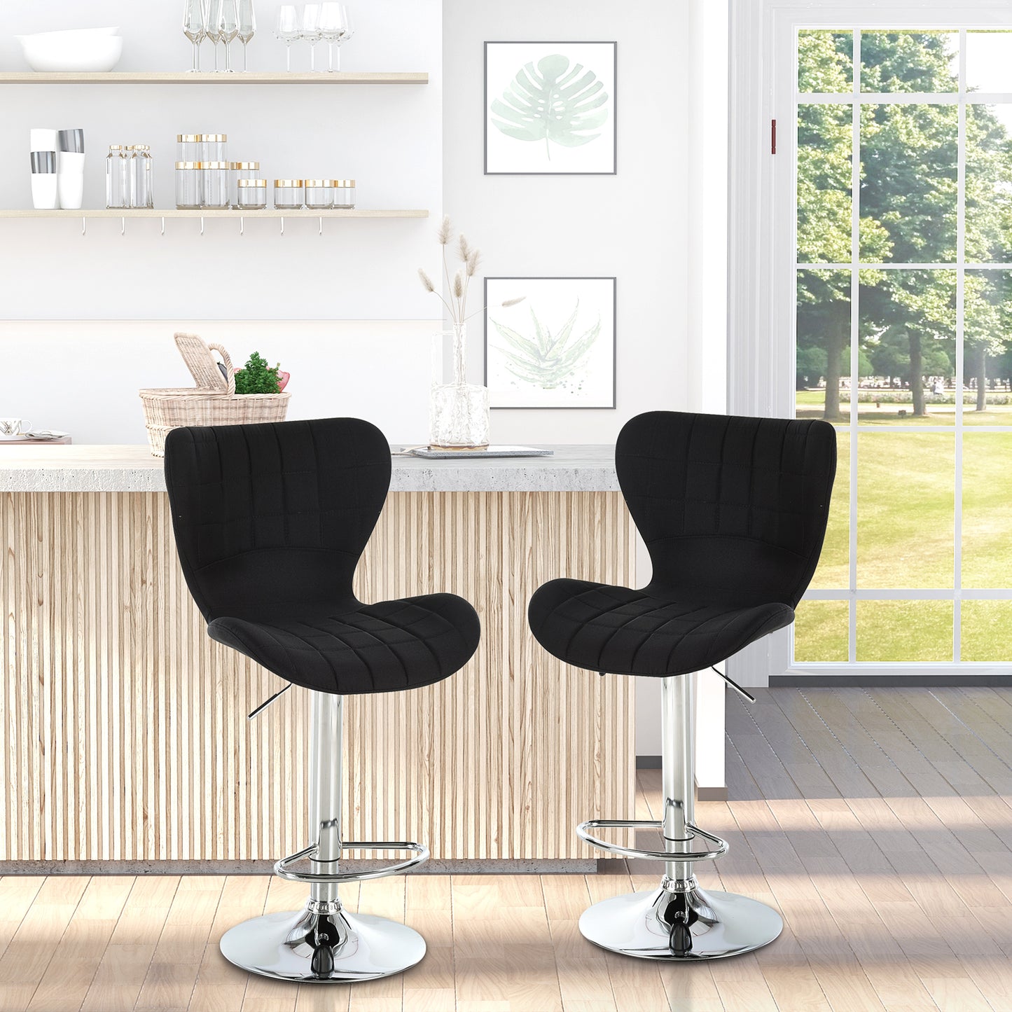 Adjustable Swivel Counter Stools with Linen Fabric, Black (Set of 2)