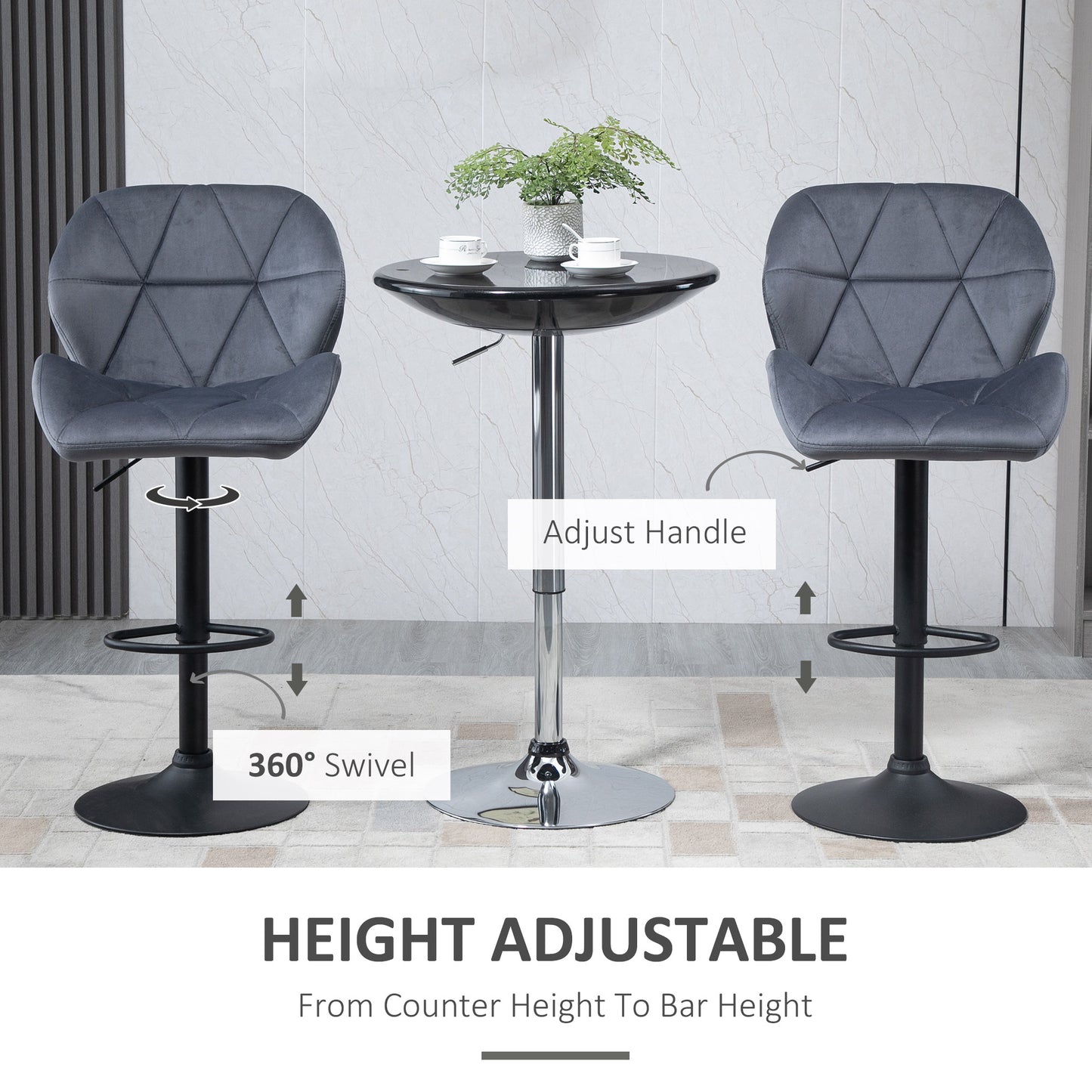 Velvet-Touch Adjustable Height Bar Stools with Diamond Tufting, Gray (Set of 2)
