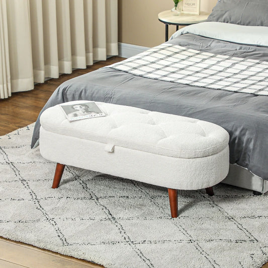 Boucle Storage Bench with Tufted Teddy Fleece Design, White