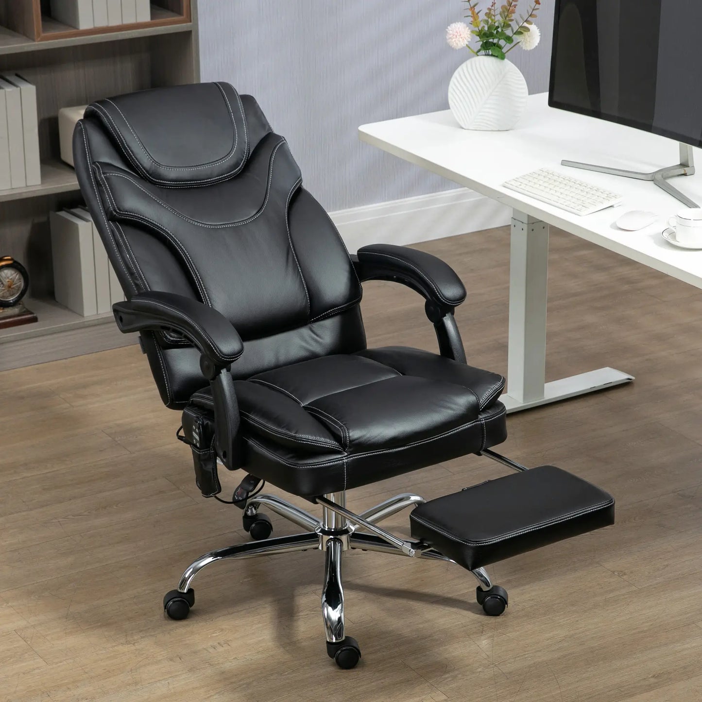 6-Point Vibration Massage Office Chair with Heating and Footrest, Black