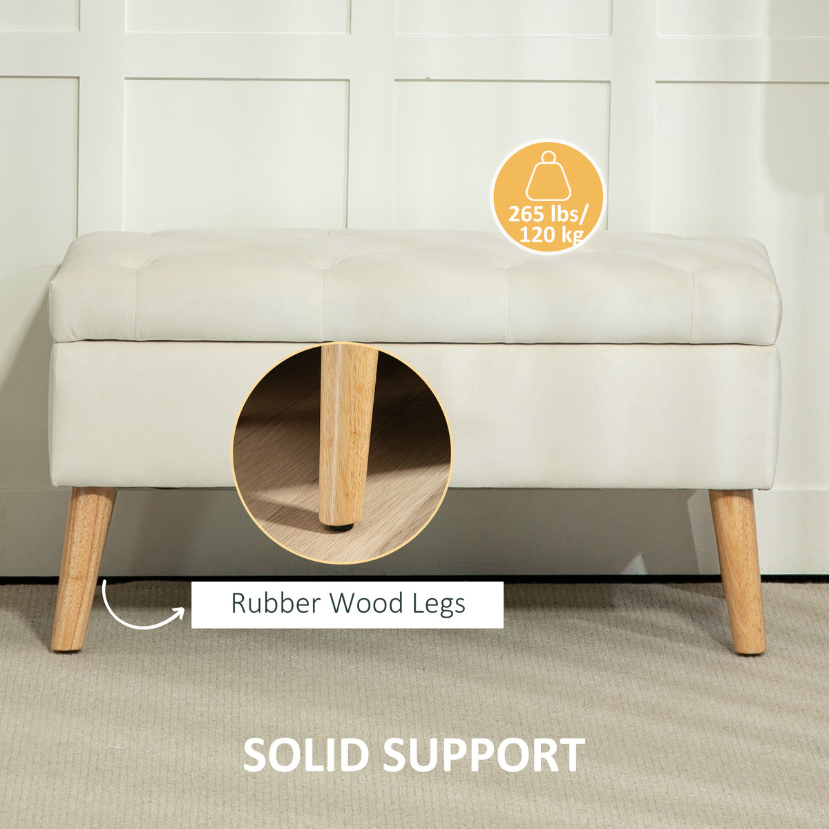 Velvet Storage Ottoman with Lid, Cream White