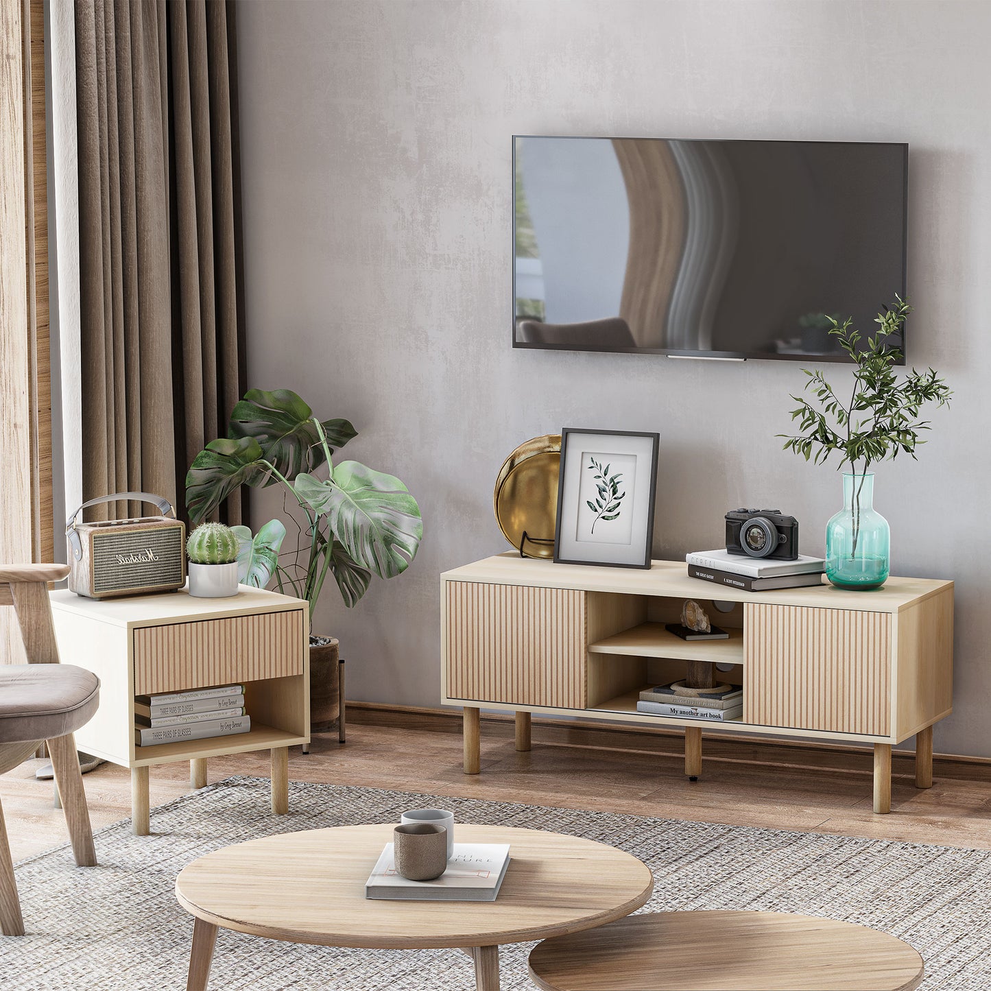 Modern Bedside Table with Drawer and Open Shelf, Natural Wood