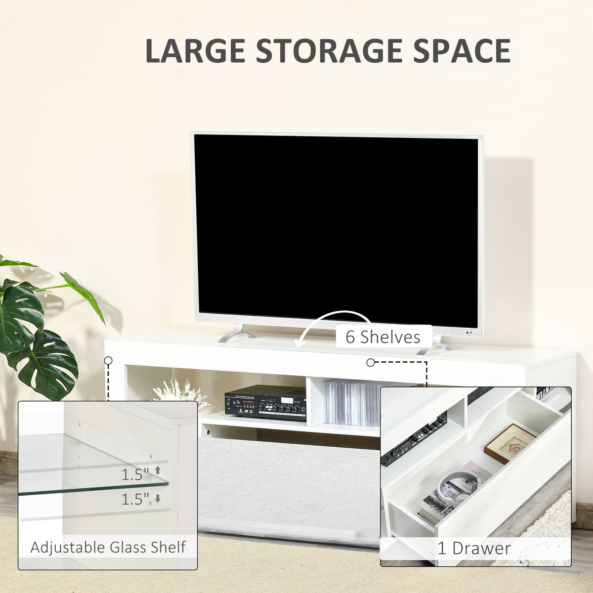 High-Gloss LED TV Stand with Drawer for TVs up to 55 Inch, White - view 4
