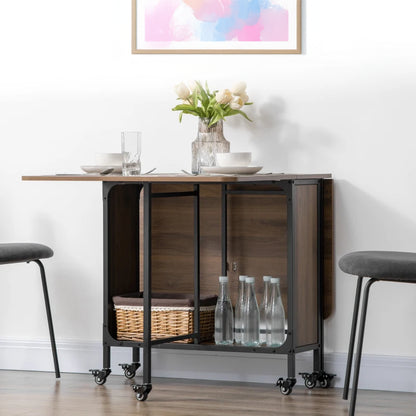 Folding Dining Table with Storage Shelf and 6 Wheels - Light Brown