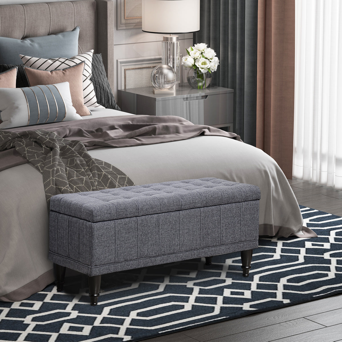 Tufted Storage Ottoman Bench with Soft-Close Lid, Grey