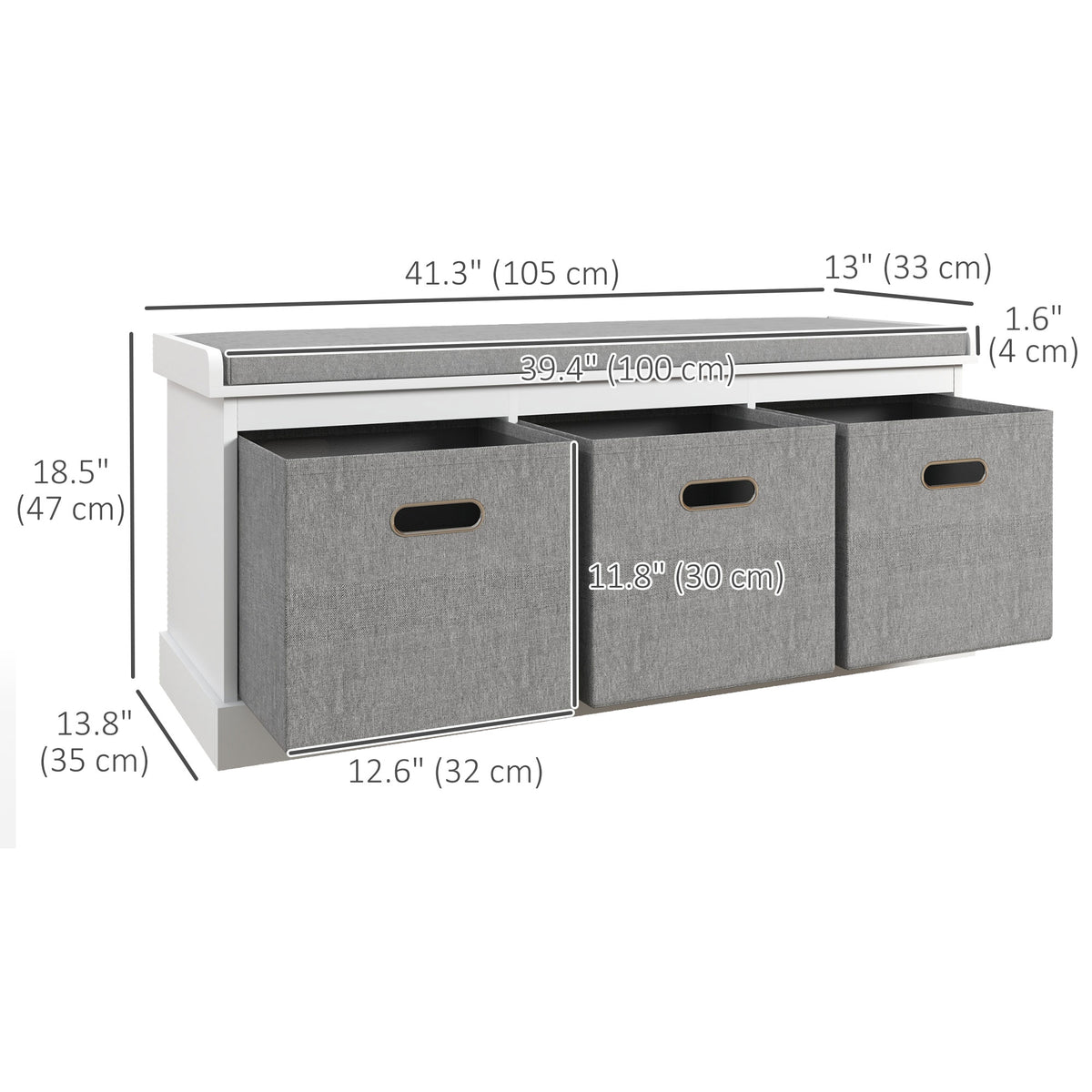 Shoe Storage Bench with 3 Fabric Drawers, White