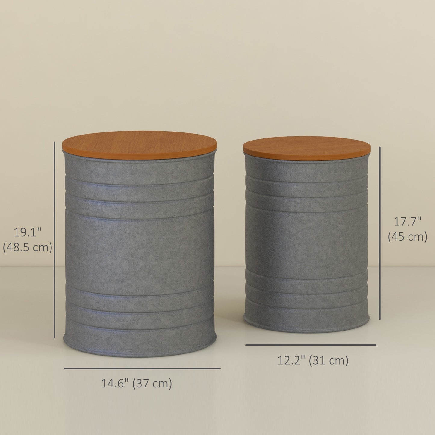Round Nesting Side Tables with Hidden Storage and Wooden Lids, Gray (Set of 2)