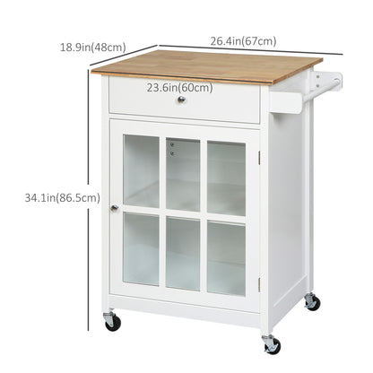 Rolling Kitchen Island Cart with Towel Rack and Glass-Door Cabinet and Drawer, White