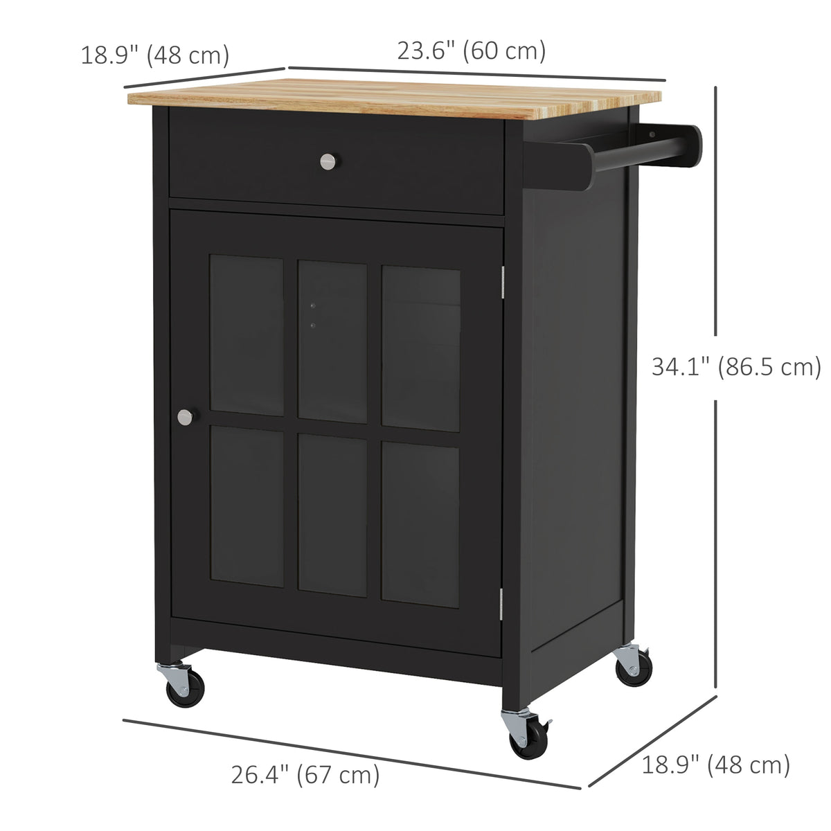 Rolling Kitchen Island Cart with Towel Rack and Glass-Door Cabinet and Drawer, Black