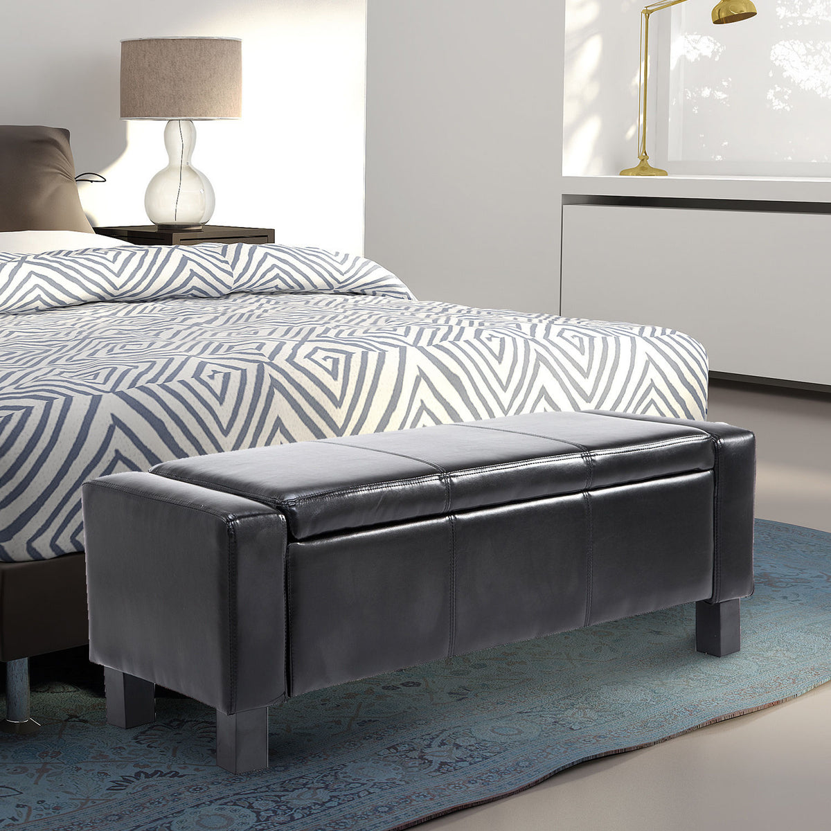 42" Faux Leather Storage Ottoman Bench, Black