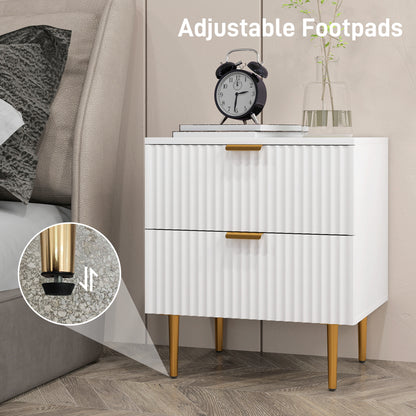 Modern Nightstand with Gold Finger Pulls and Fluted Drawers, White